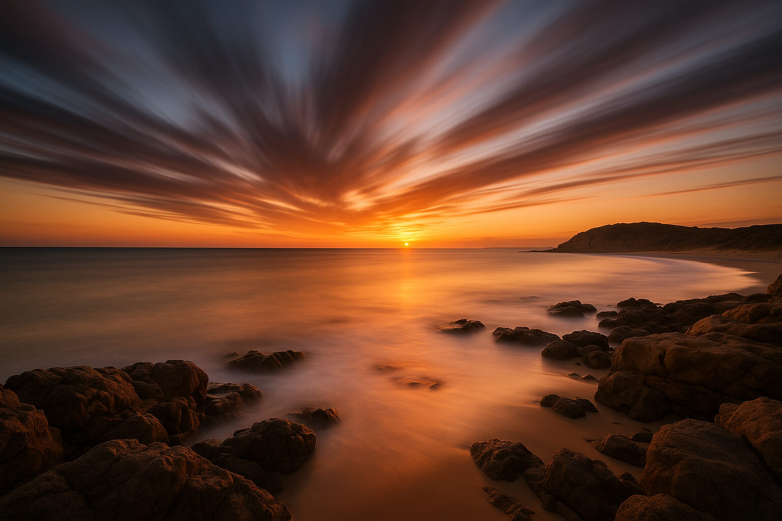 Long exposure coastal sunset with silky waves and dramatic clouds