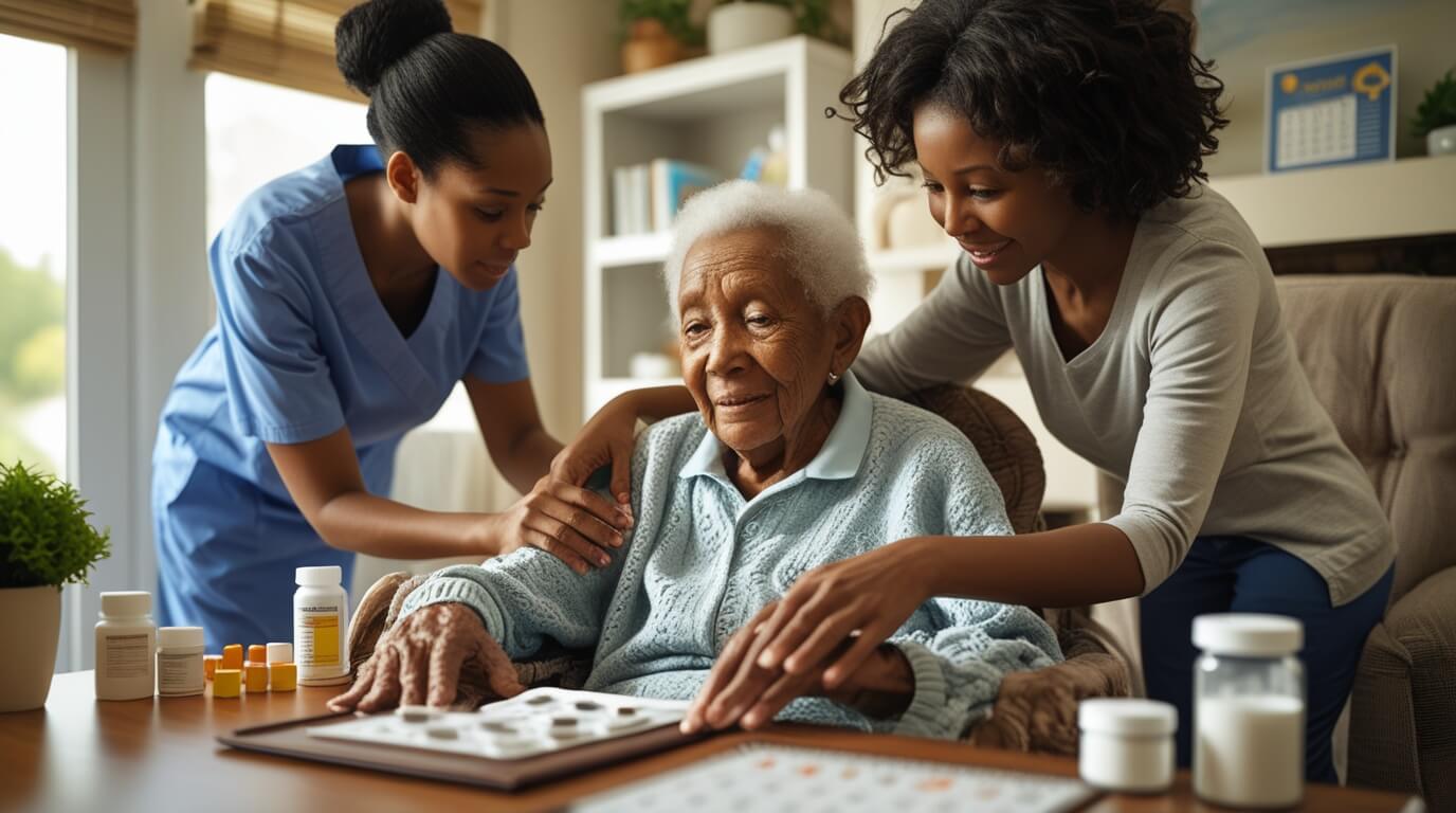 Caregiver assisting an elderly person at home with support from family, highlighting compassion and practical care.