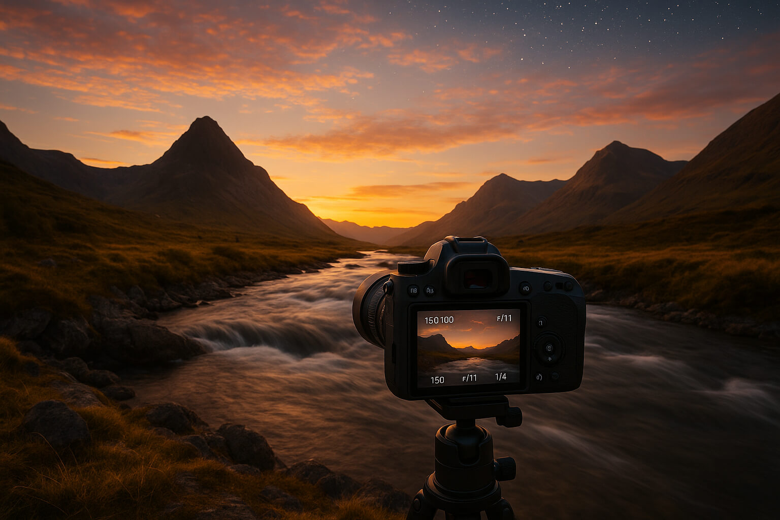 A DSLR camera mounted on a tripod capturing a vibrant mountain landscape at sunset, with overlaid camera settings showing ISO 100, aperture f/11, and shutter speed 1/4 second.