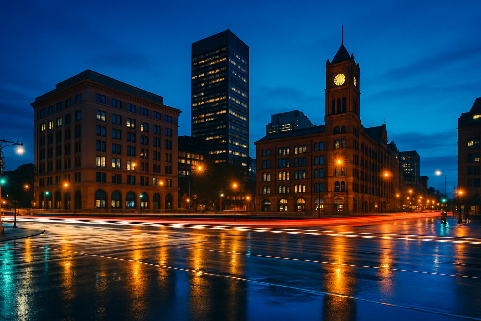 Cityscape captured during blue hour with vivid blue sky and glowing city lights.
