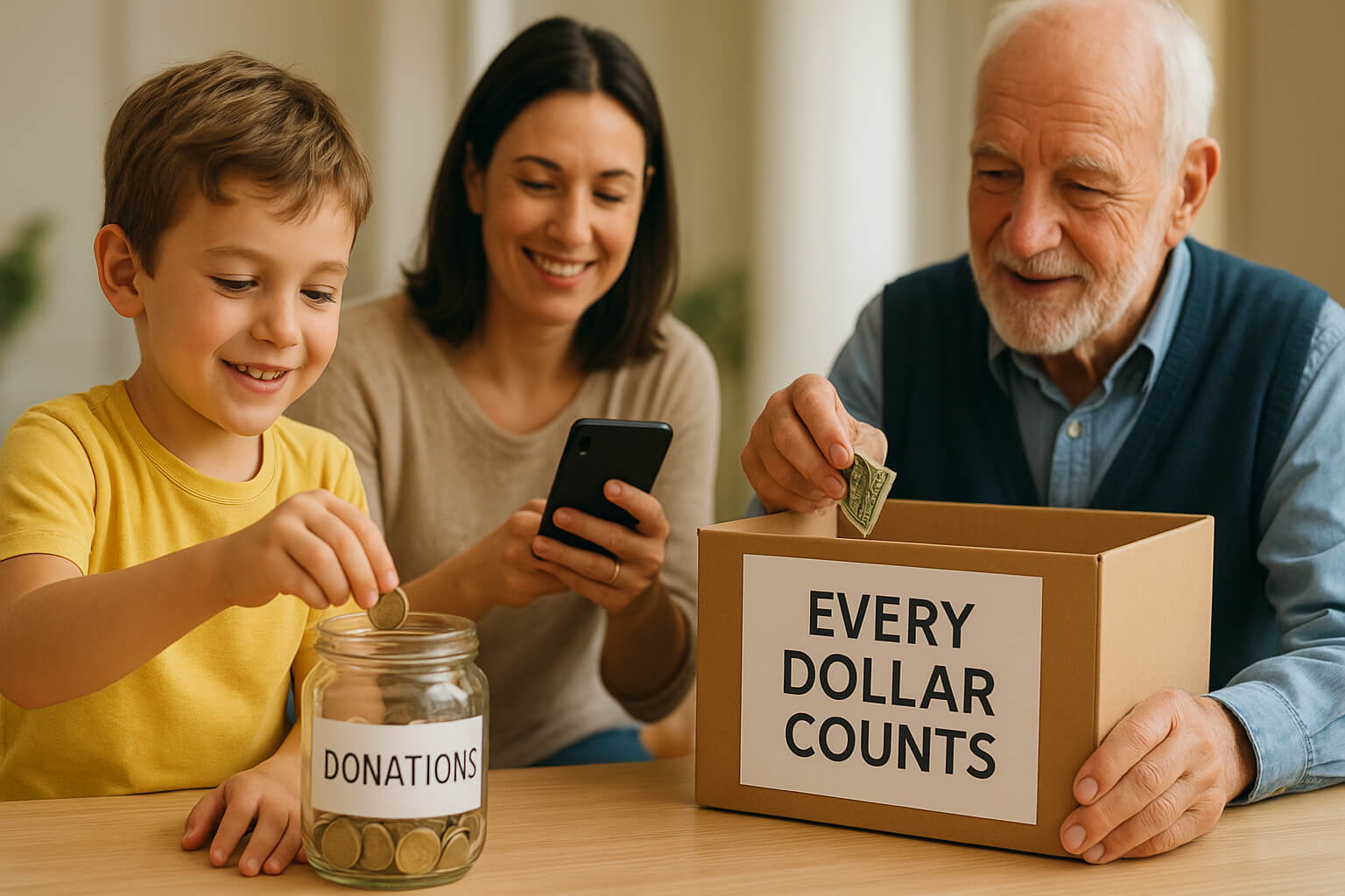 People of all ages making small donations through coins, donation jars, and mobile apps, symbolizing that every dollar counts.