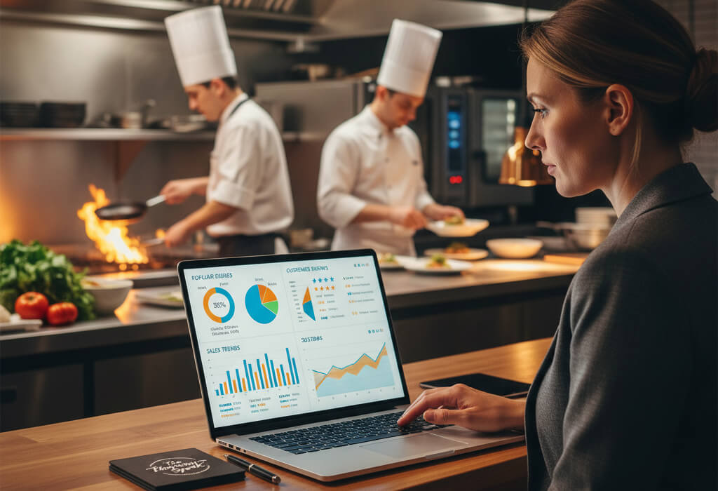 Restaurant manager reviewing customer data dashboards to make smarter menu decisions with sales charts and food trends.