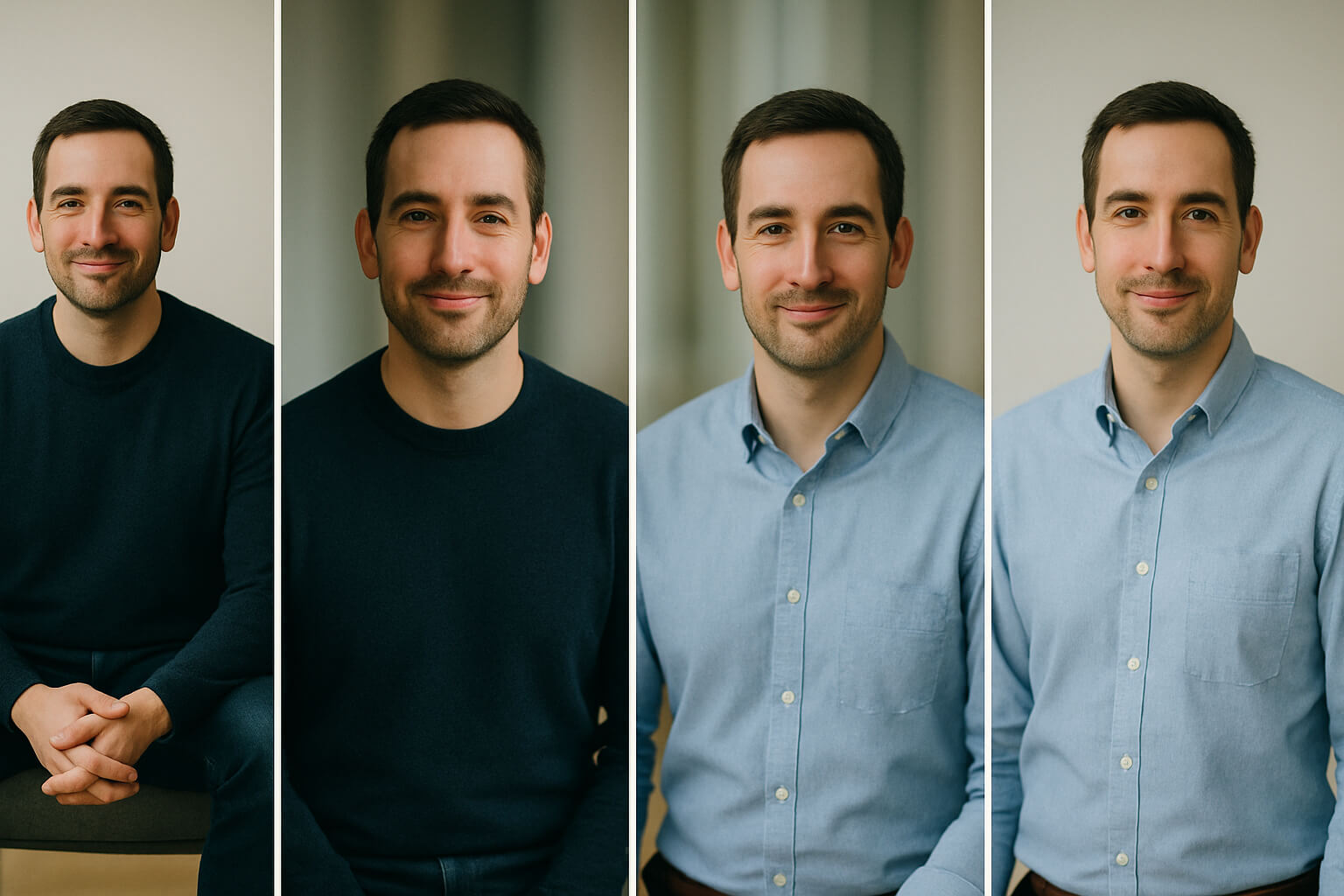 Multiple professional headshot poses with slight shoulder angles, confident smiles, and clean backgrounds.