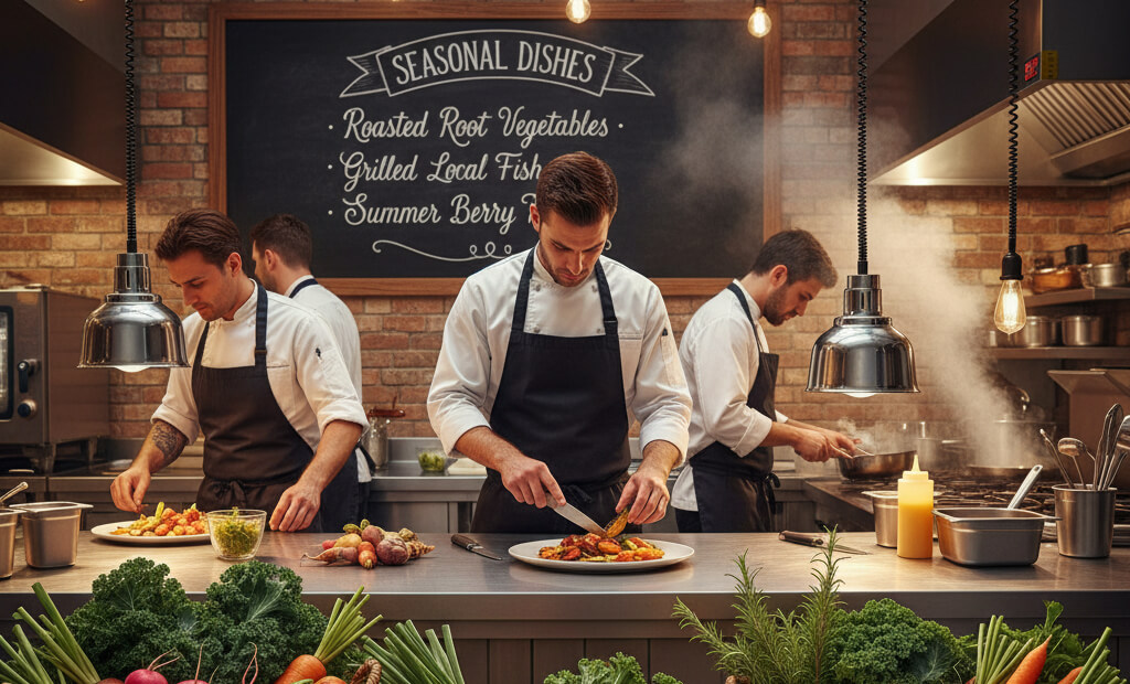 Chefs preparing dishes with fresh local ingredients in a restaurant kitchen with seasonal produce displayed.