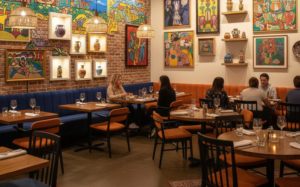 Modern restaurant interior showcasing local artwork, murals, and paintings that reflect community culture and enhance dining ambiance.