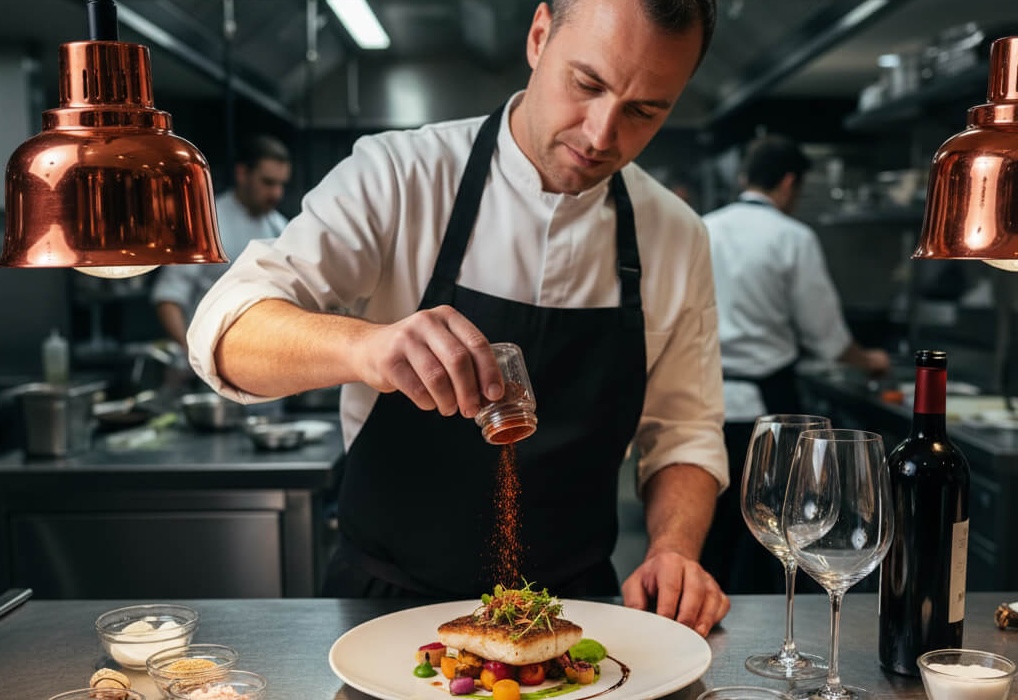 Chef preparing a dish with spices and wine, demonstrating the science of flavor pairing in a modern restaurant setting.