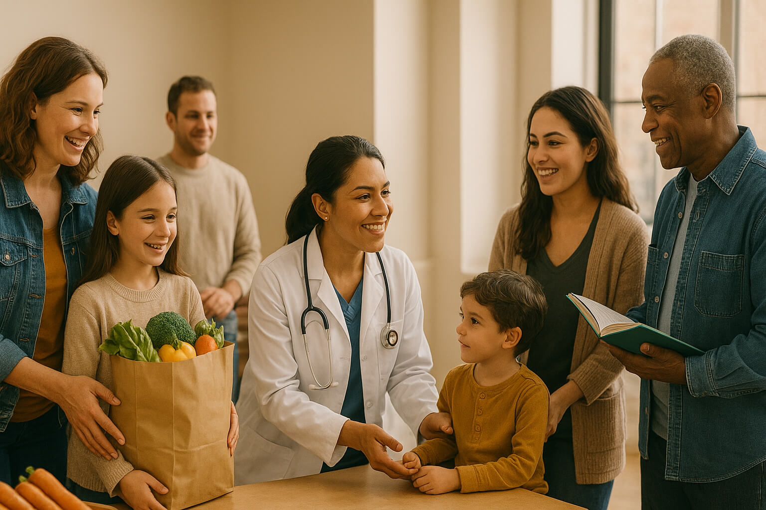 Families receiving community support through food, healthcare, and education as part of social safety nets.