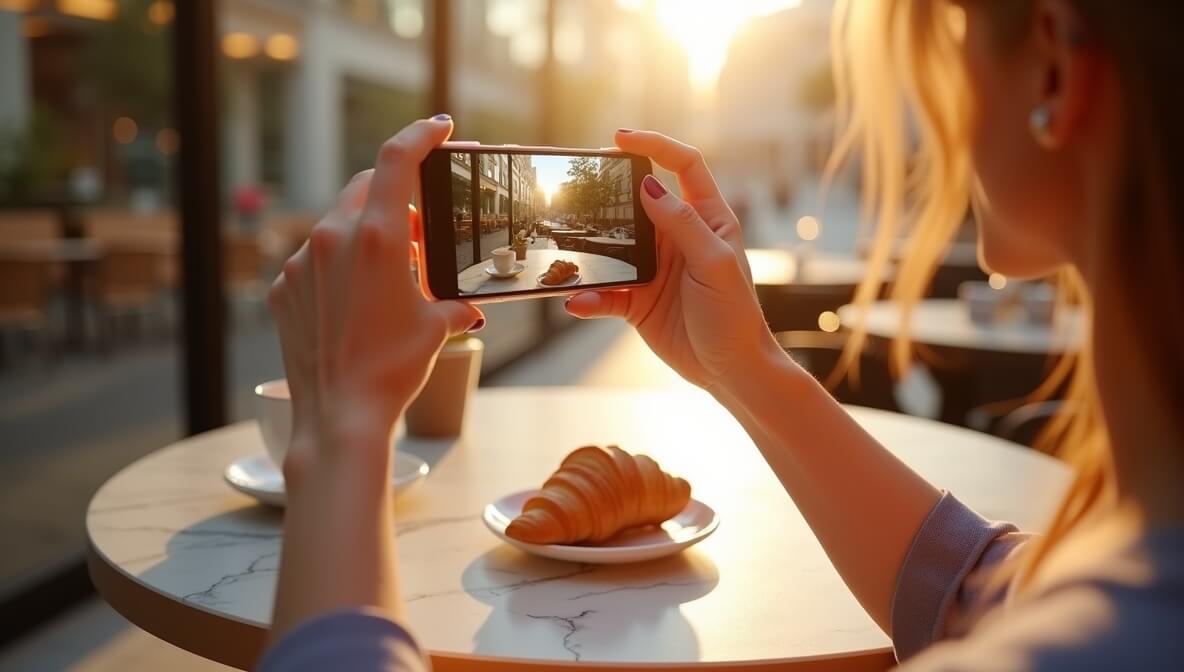 Content creator taking aesthetic flat lay photo near a sunlit window, capturing coffee, accessories, and a journal using a smartphone, with natural light and a ring light in the background.