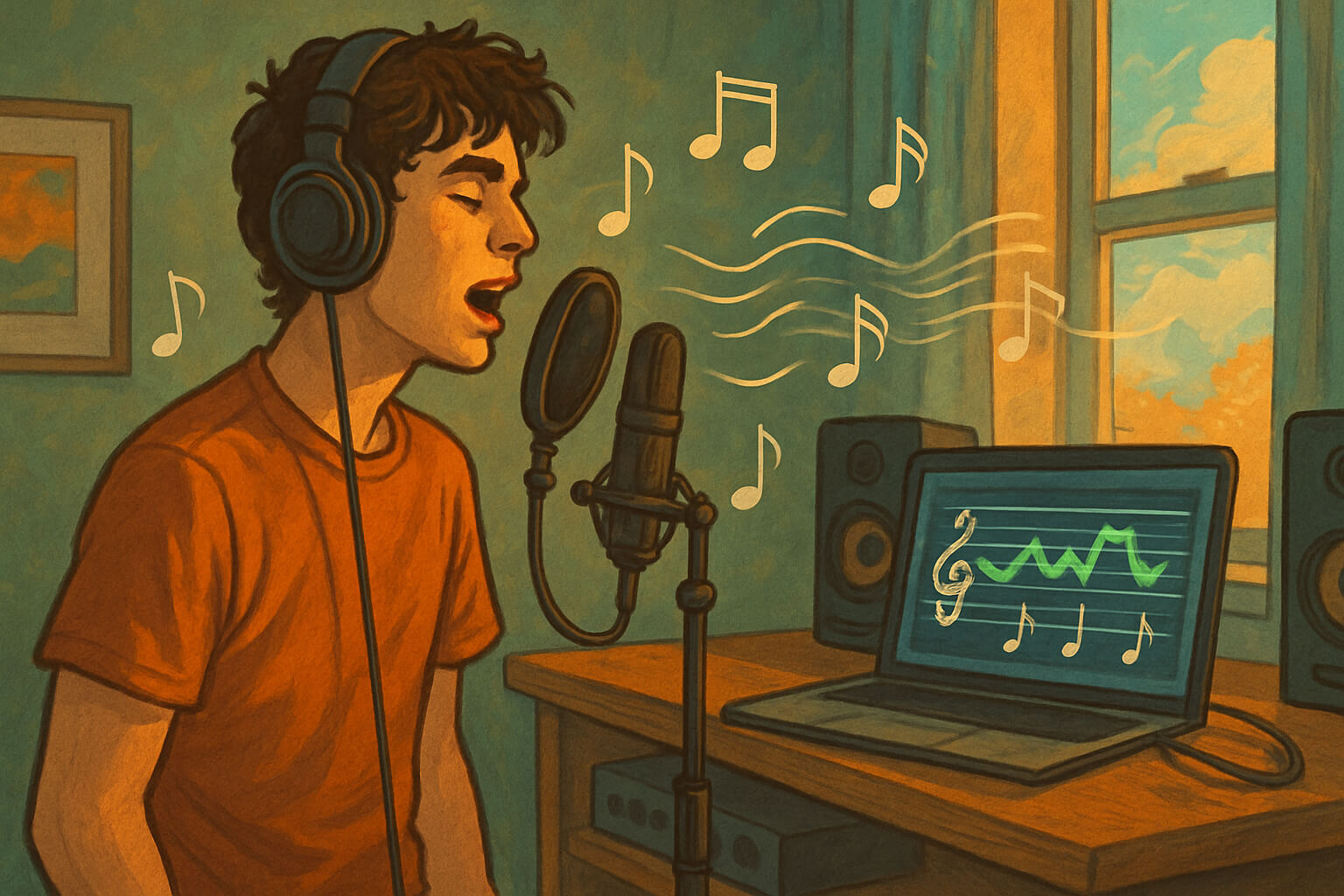 Beginner practicing how to sing in tune using vocal pitch training tools in a home setup.