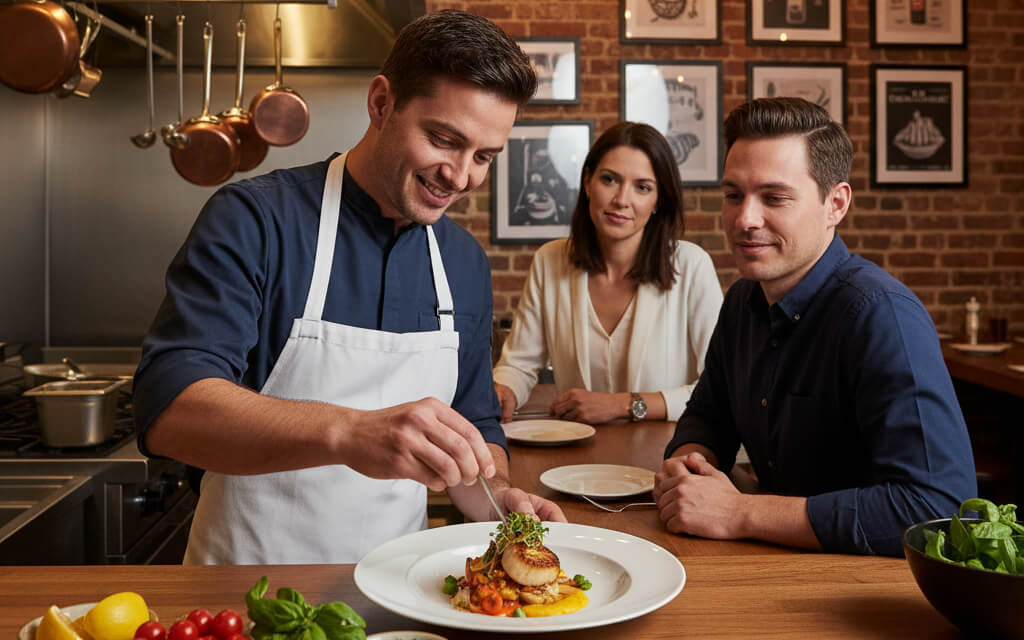 Chef preparing a gourmet dish in an open kitchen while engaging with diners in a modern, intimate restaurant setting.