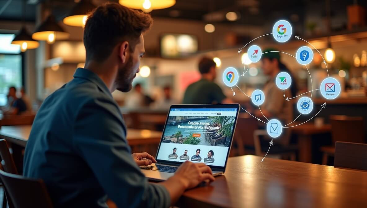 Restaurant website serving as the foundation of marketing through SEO, social media, and online bookings.