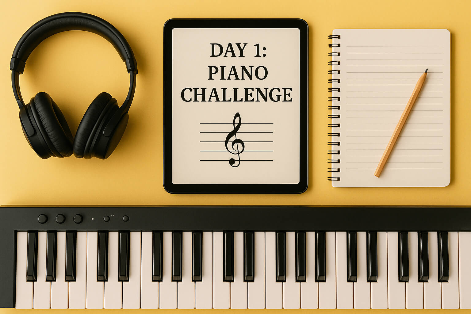 Tablet displaying “Day 1 Piano Challenge” with keyboard and music notes in a home setup.