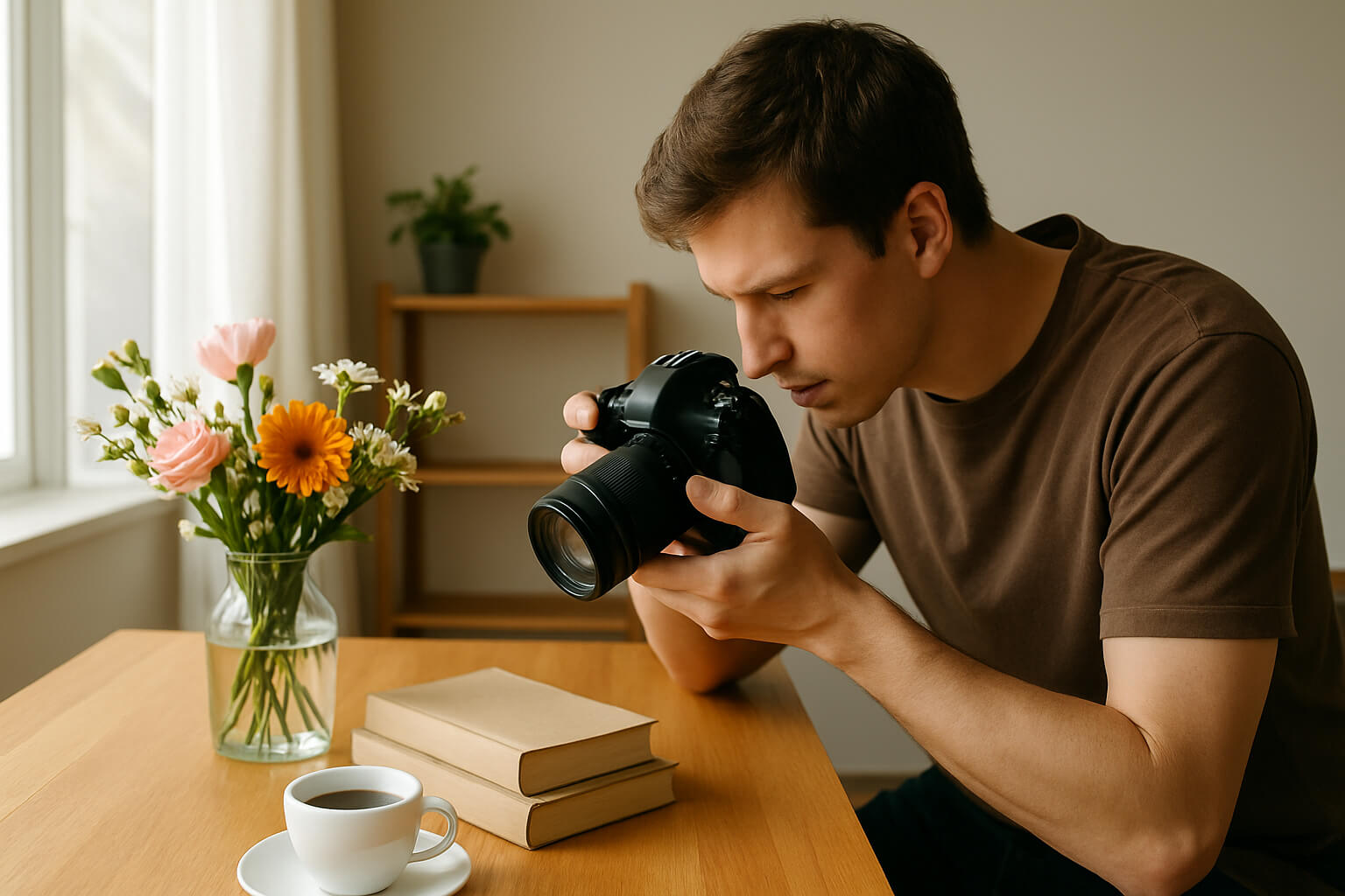 Photographer practicing photography skills in a studio with a DSLR camera, adjusting settings and experimenting with composition on still life objects.