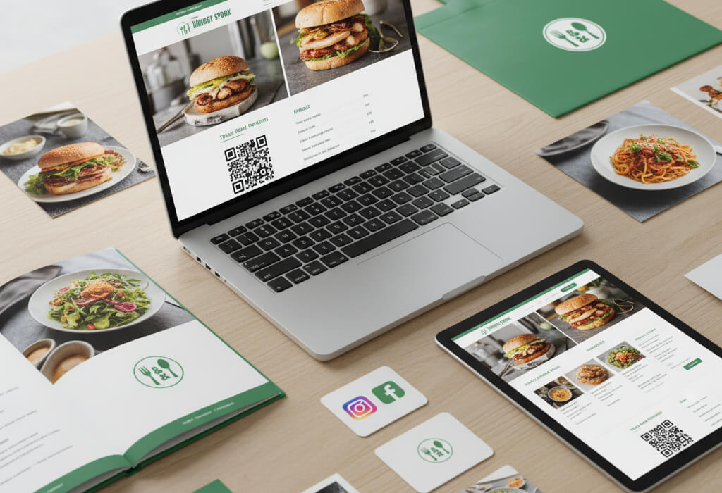 Modern restaurant website on laptop and tablet with branded menus and social media icons, highlighting cohesive digital branding.