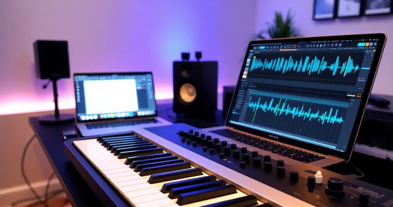 Home studio with a MIDI keyboard, DAW interface, and virtual instruments on screen.