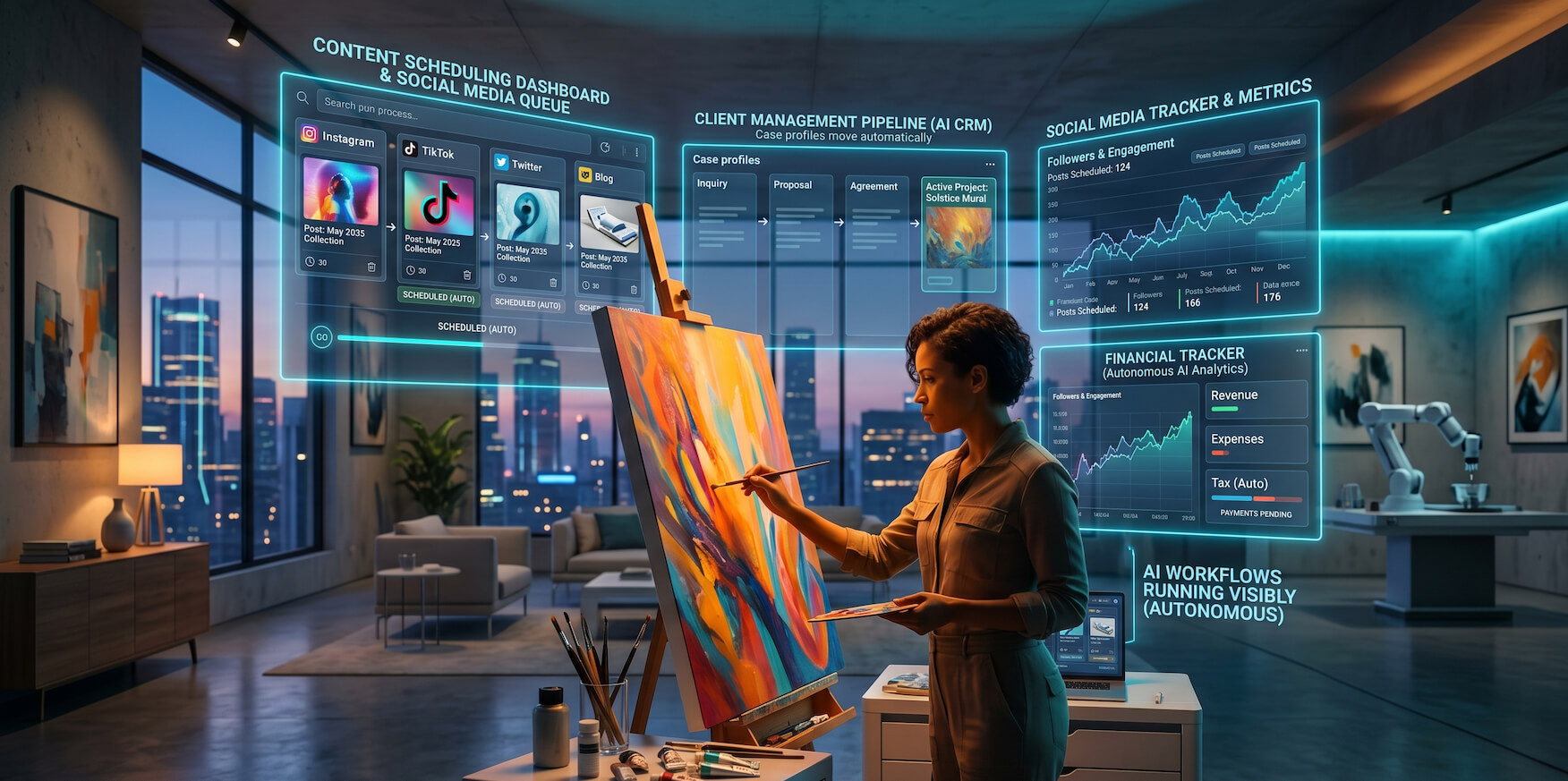 An artist working freely while AI automation handles business and content tasks in the background in 2026