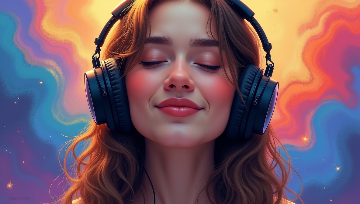 Person wearing headphones surrounded by colorful sound waves representing changing emotions.