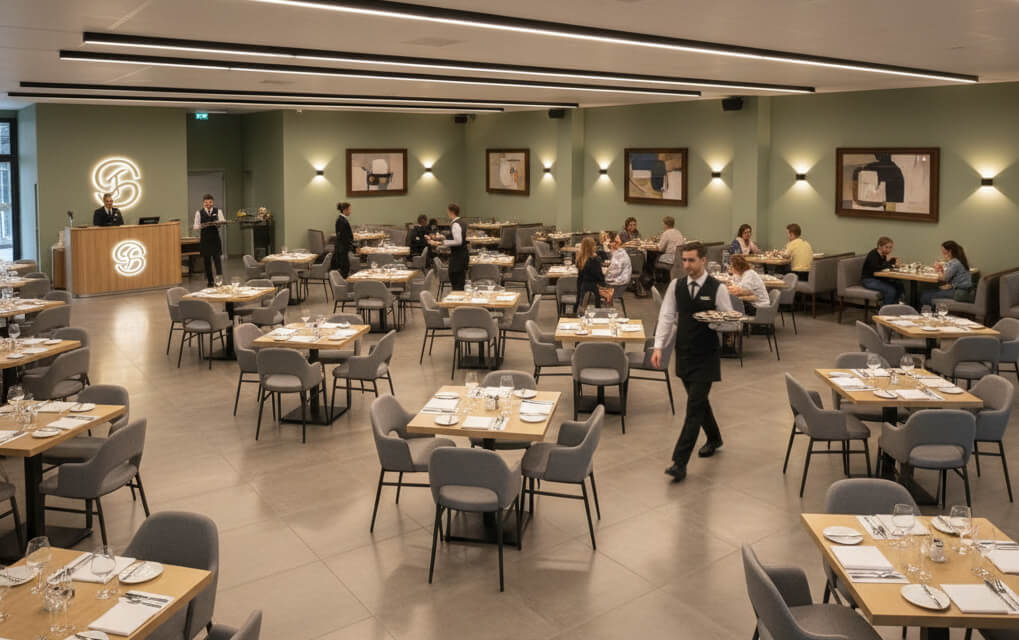 Modern restaurant interior with well-spaced tables, diners enjoying meals, and staff serving efficiently.