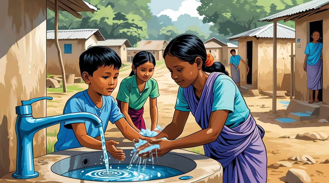 A child drinking clean water from a tap installed in a rural village through a WASH initiative, symbolizing health and poverty reduction.