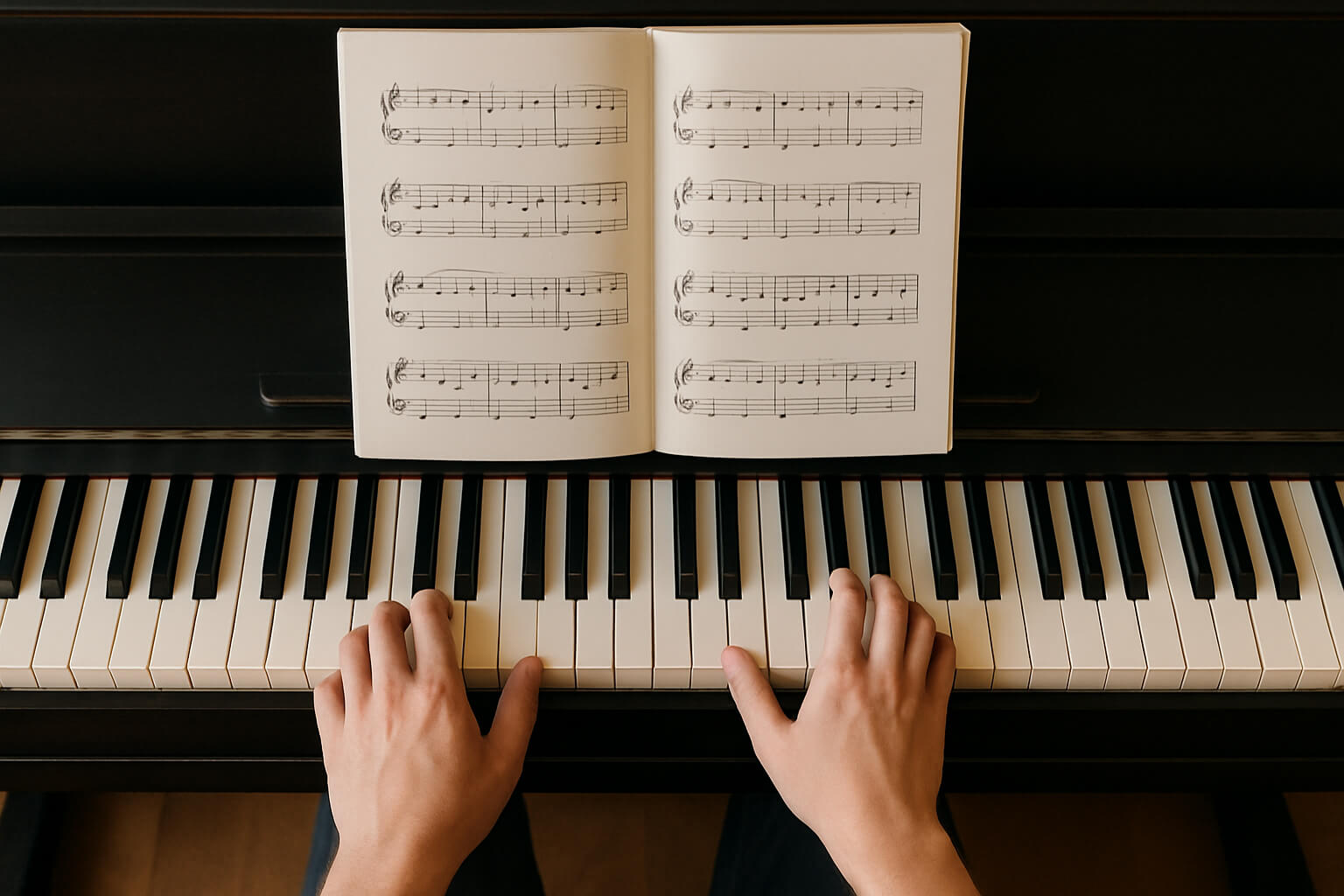 Beginner pianist playing a classic song on the piano with sheet music displayed.