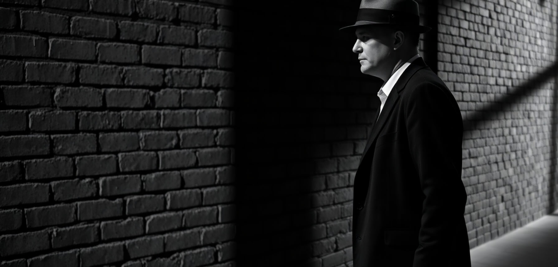 A man with a hat walking past a shadowy brick wall, captured in dramatic black-and-white street photography.