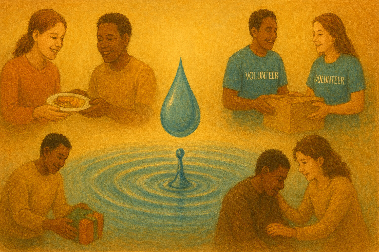 Symbolic ripple effect showing one act of kindness multiplying into positive actions across a community.