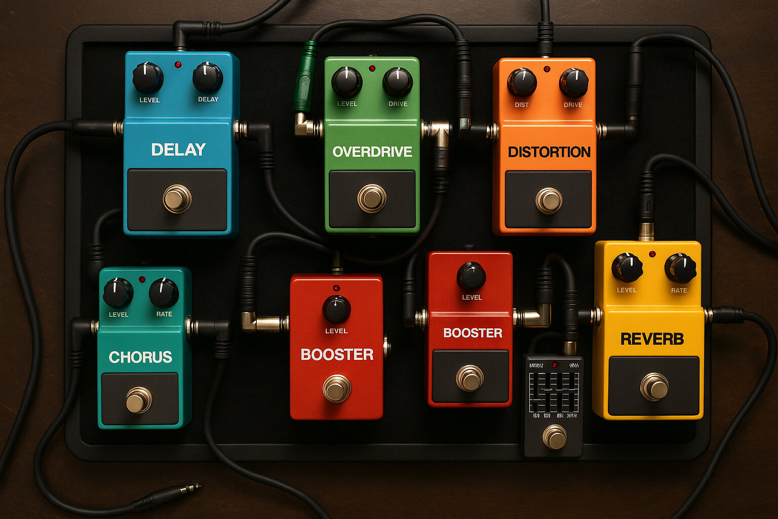 A detailed pedalboard showing different types of guitar pedals used to shape electric guitar tone and effects.
