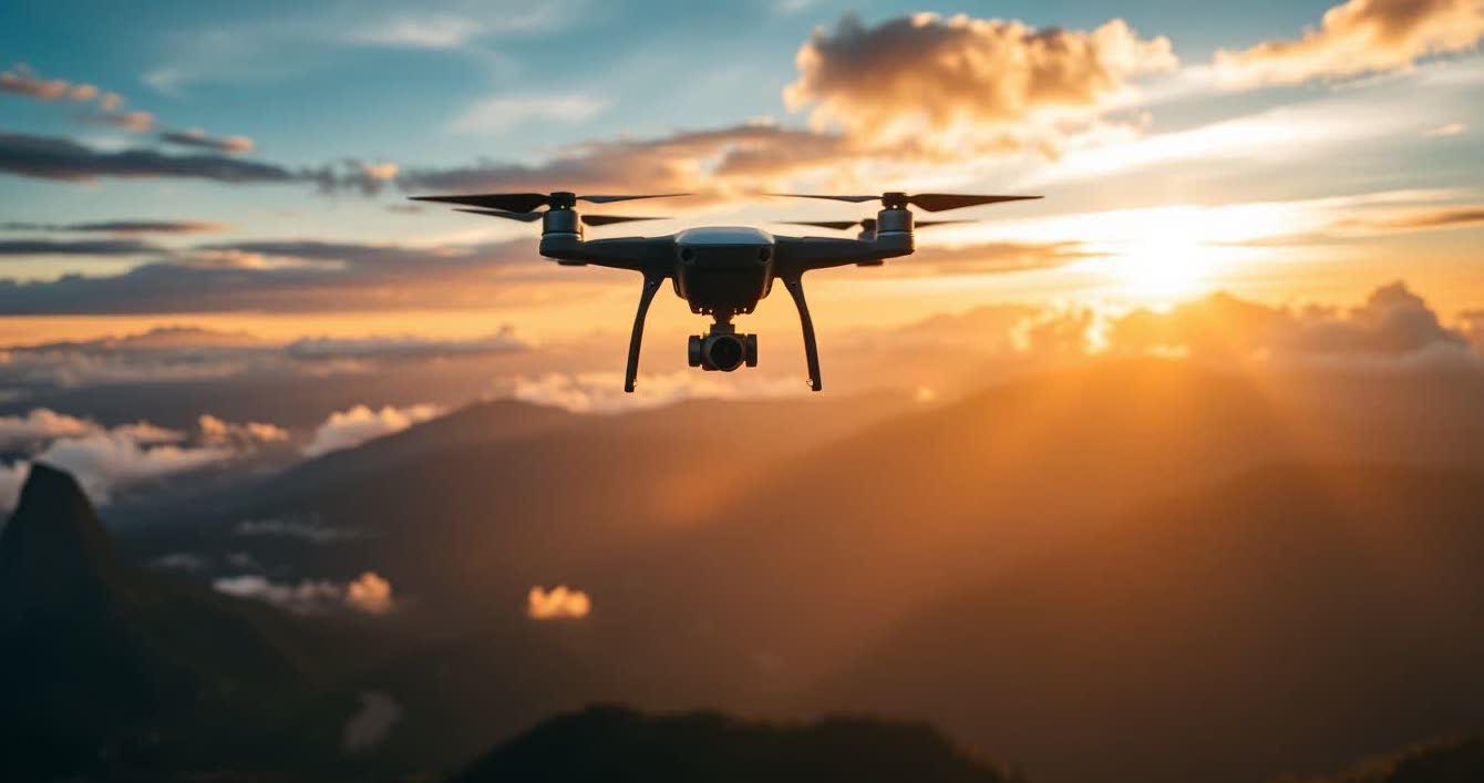 Drone capturing aerial photo of mountains during golden hour with dramatic light.