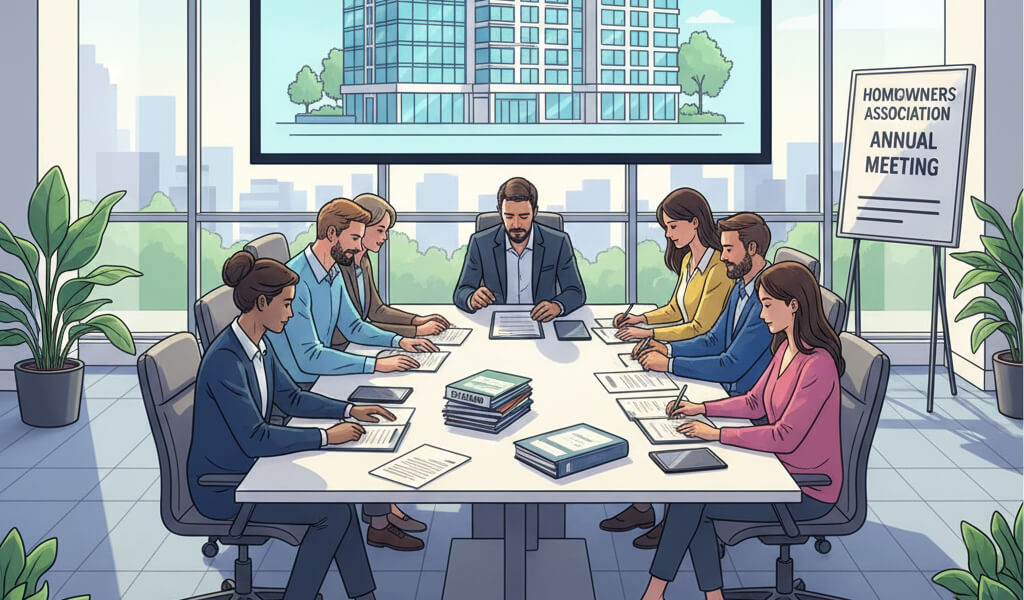 Condominium association board meeting discussing legal responsibilities and management of shared property.
