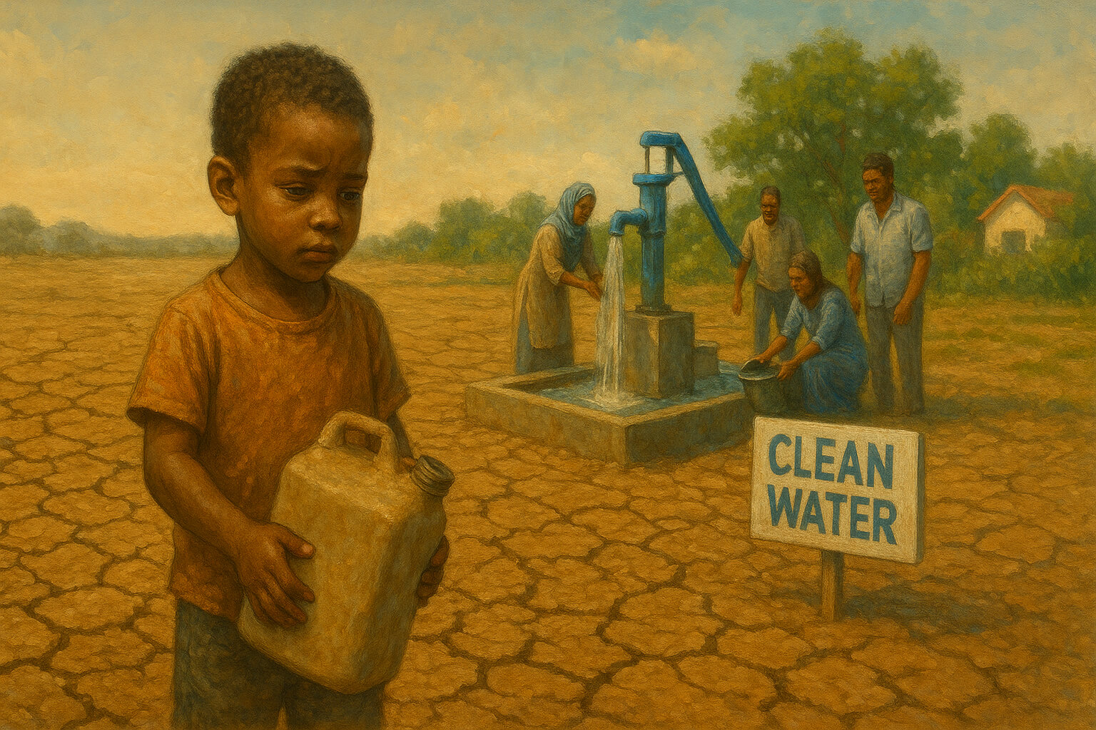 Child holding an empty water container in a drought-stricken land with a community water project in the background.