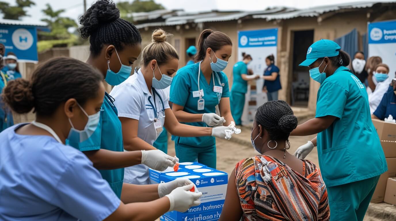 Volunteers and healthcare workers distributing vaccines and medical supplies in a global pandemic response.