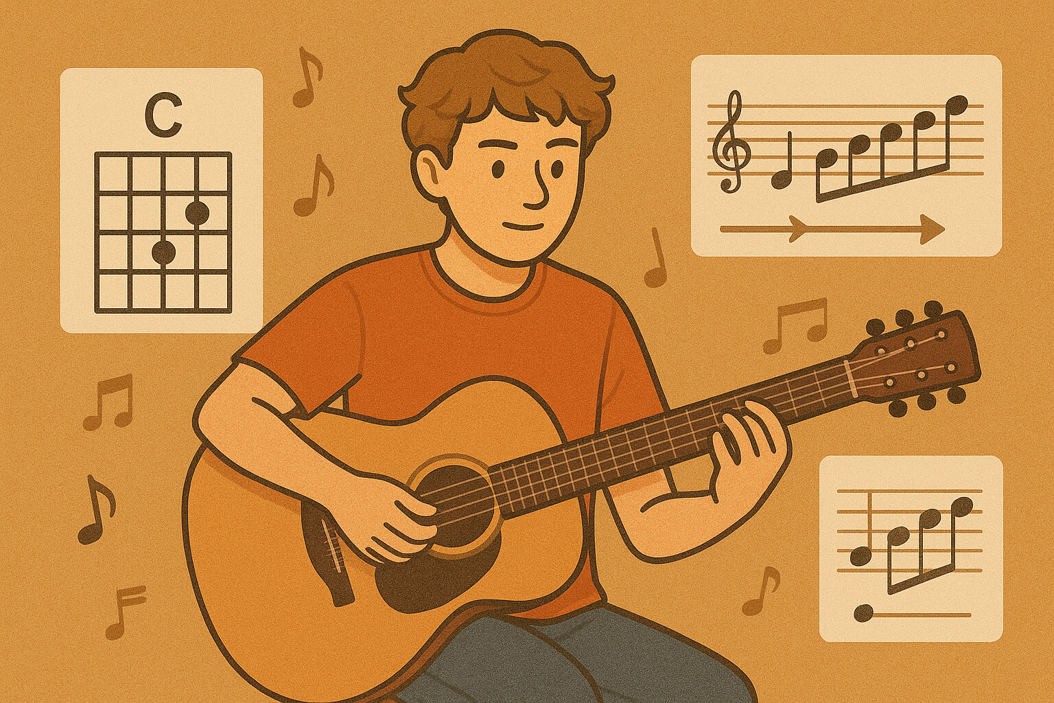 Beginner learning music theory with floating diagrams of notes, chords, and rhythms, representing foundational concepts for new musicians.