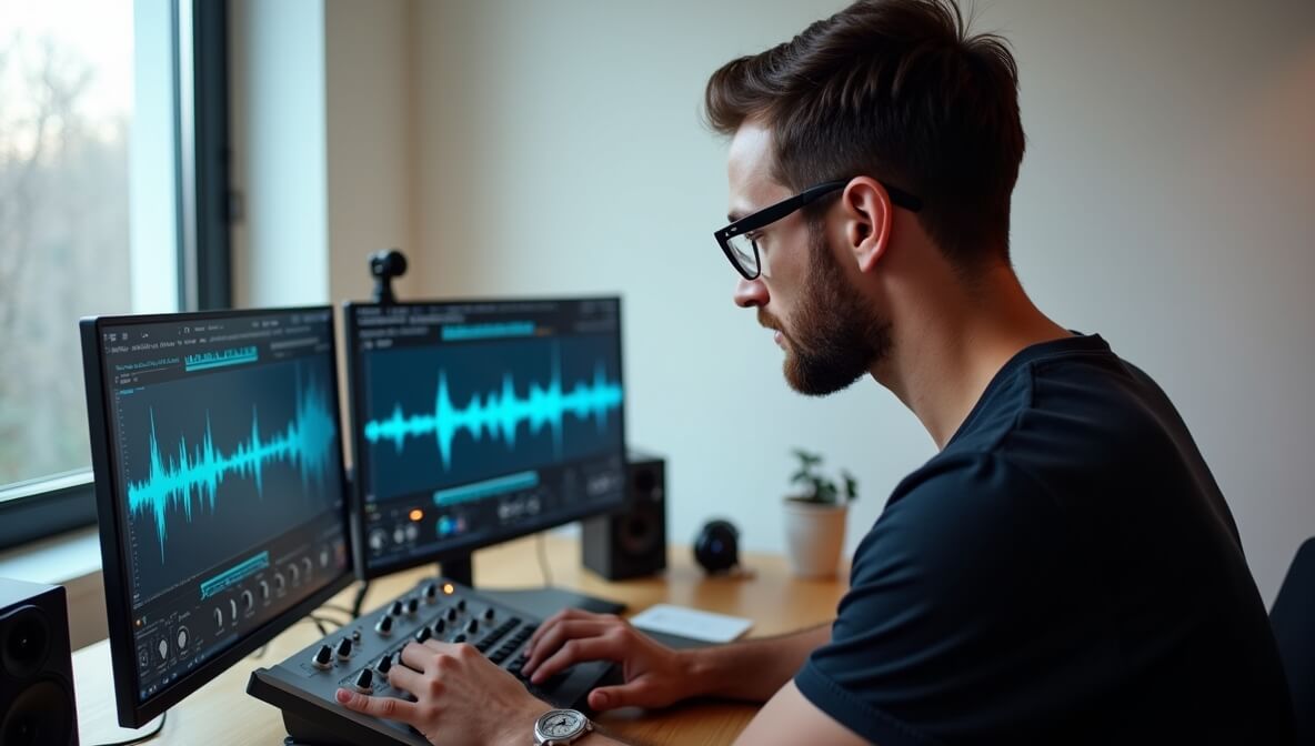 Producer using a compressor plugin inside a digital audio workstation on a home studio setup.