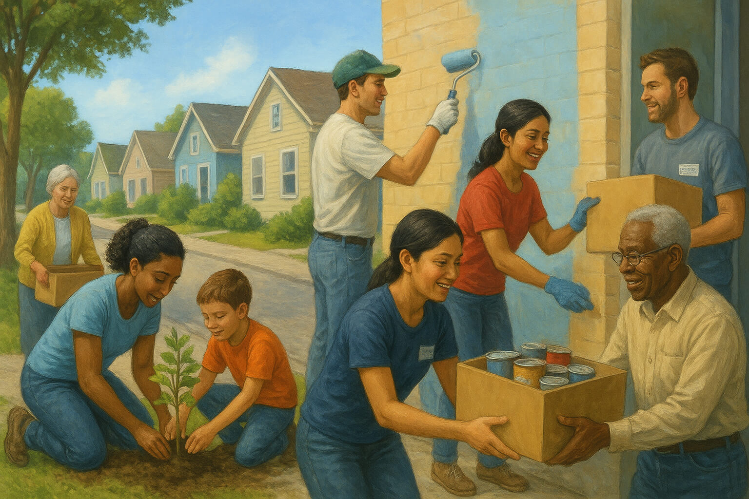 Community members and volunteers working together in a non-profit initiative to build stronger, connected neighborhoods.