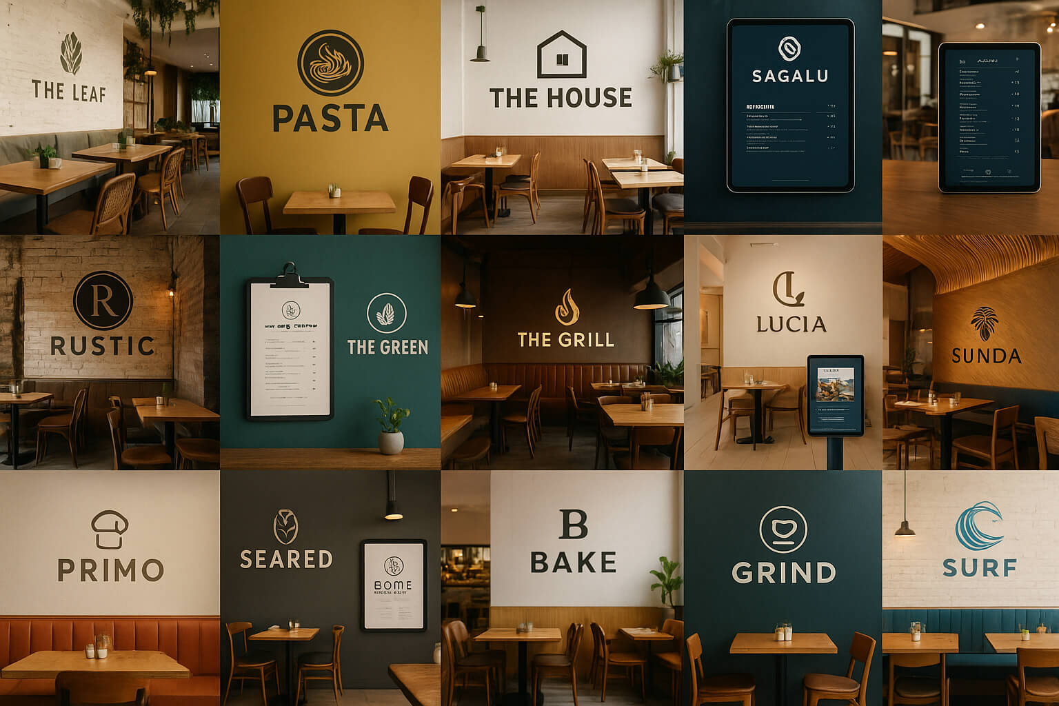 Collage of 15 restaurants with strong, cohesive branding in interiors, menus, and digital platforms