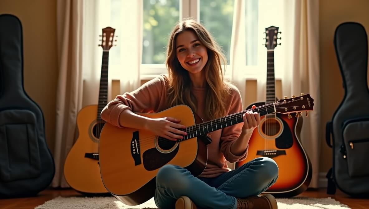 Beginner guitarist choosing an affordable acoustic guitar under $200 in a cozy room.