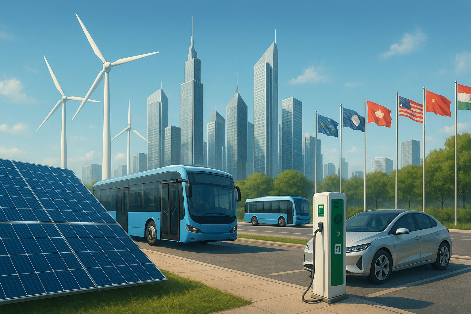 Illustration of a futuristic city powered by renewable energy with solar panels, wind turbines, and electric vehicles, symbolizing the global race for green technology.