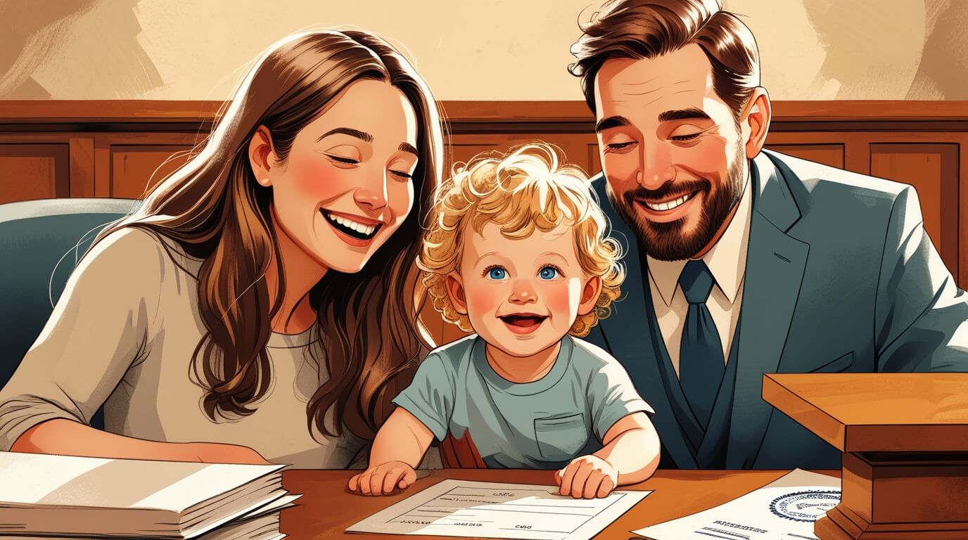 Couple finalizing child adoption in a family court with judge and legal documents.