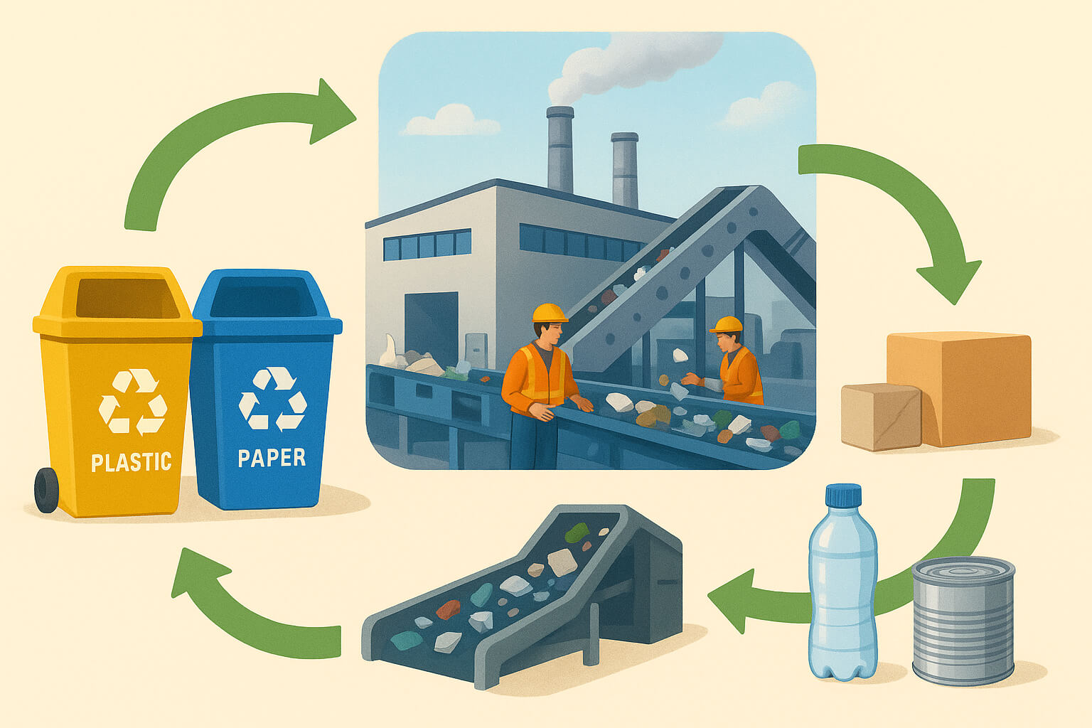 Illustration showing the recycling process: waste collection, sorting at a facility, and transformation into reusable materials.