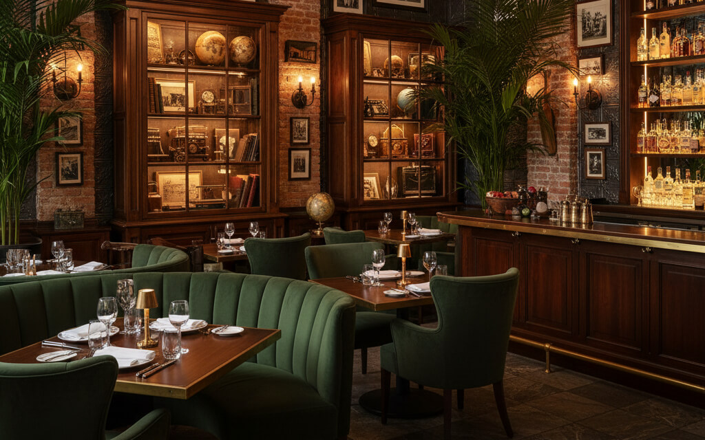 Restaurant interior with storytelling design, warm lighting, and thematic decor that reflects the restaurant’s unique story