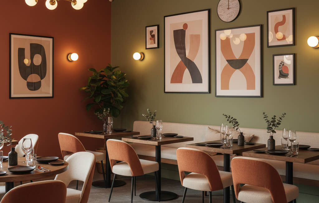 Modern luxury restaurant interior with elegant lighting, chic furniture, and tasteful décor, showcasing upscale design on a budget.