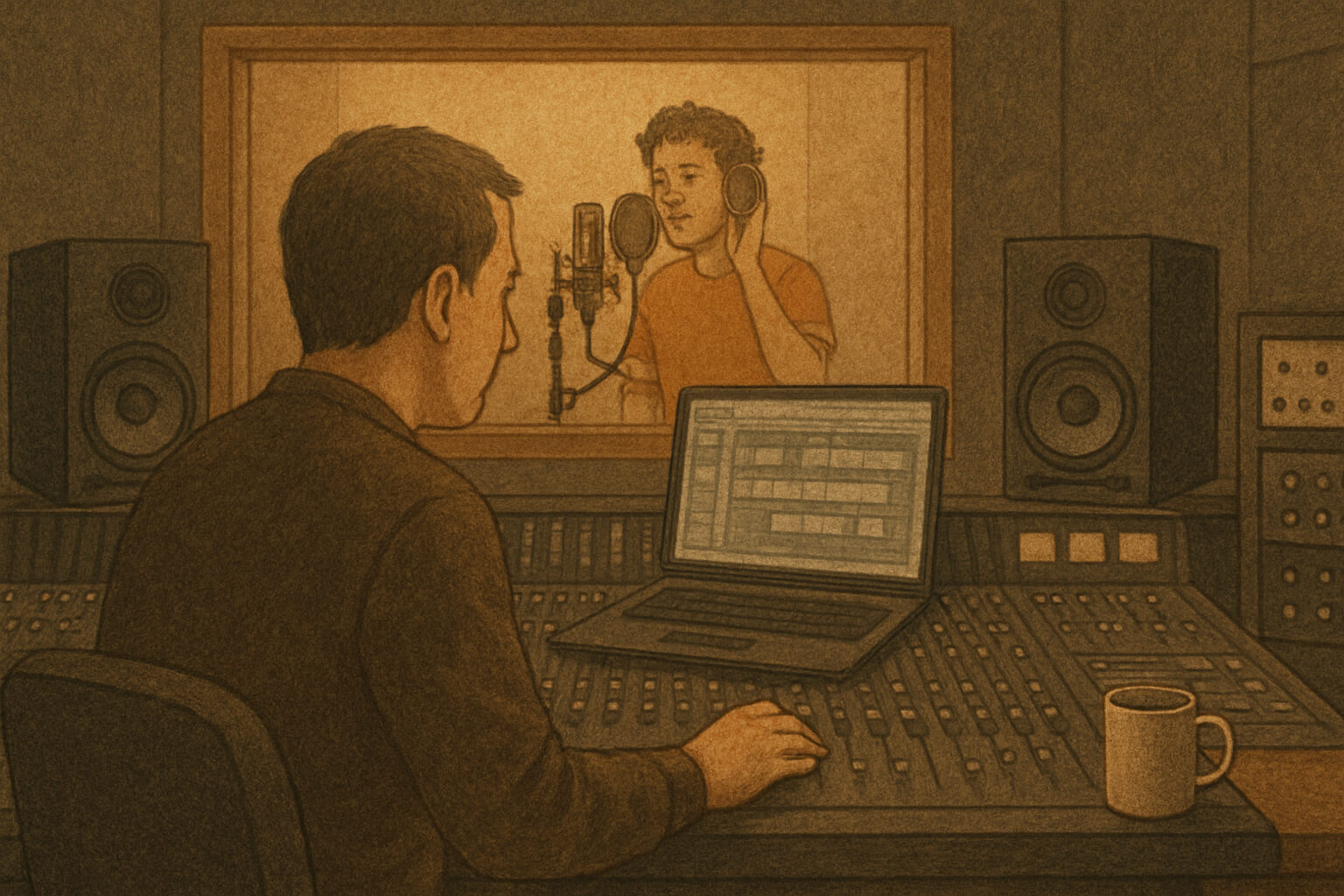 Music producer working at a mixing console with a singer recording in the booth.