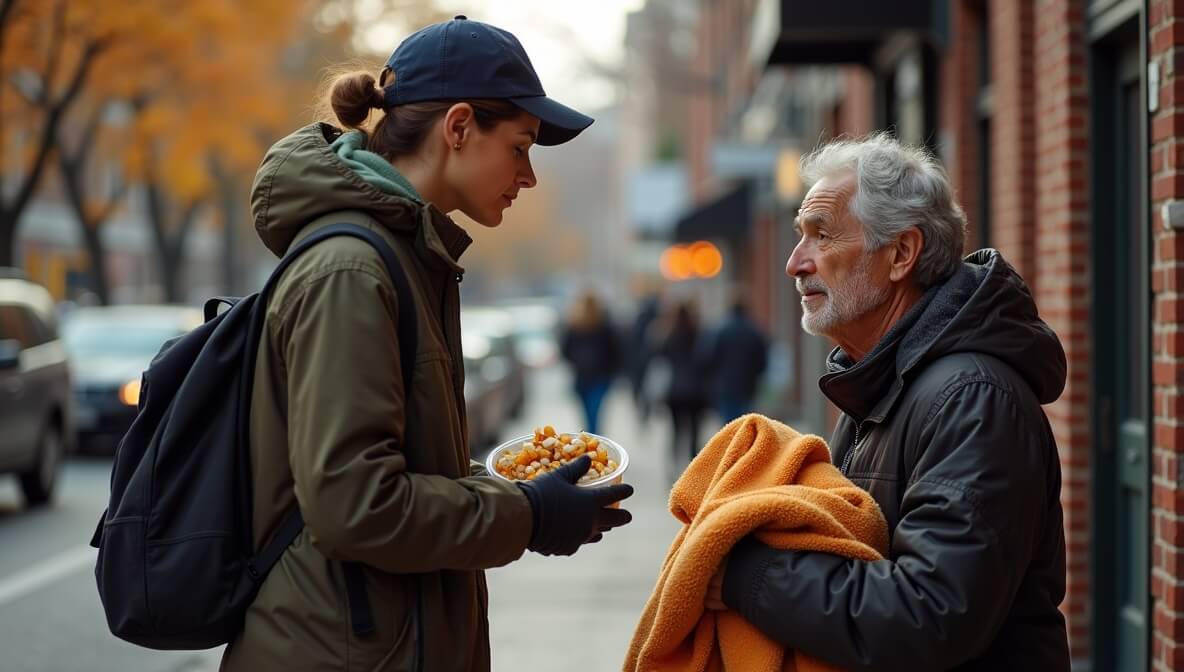 Volunteer helping a homeless individual with food and blankets, symbolizing compassion and solutions to homelessness.