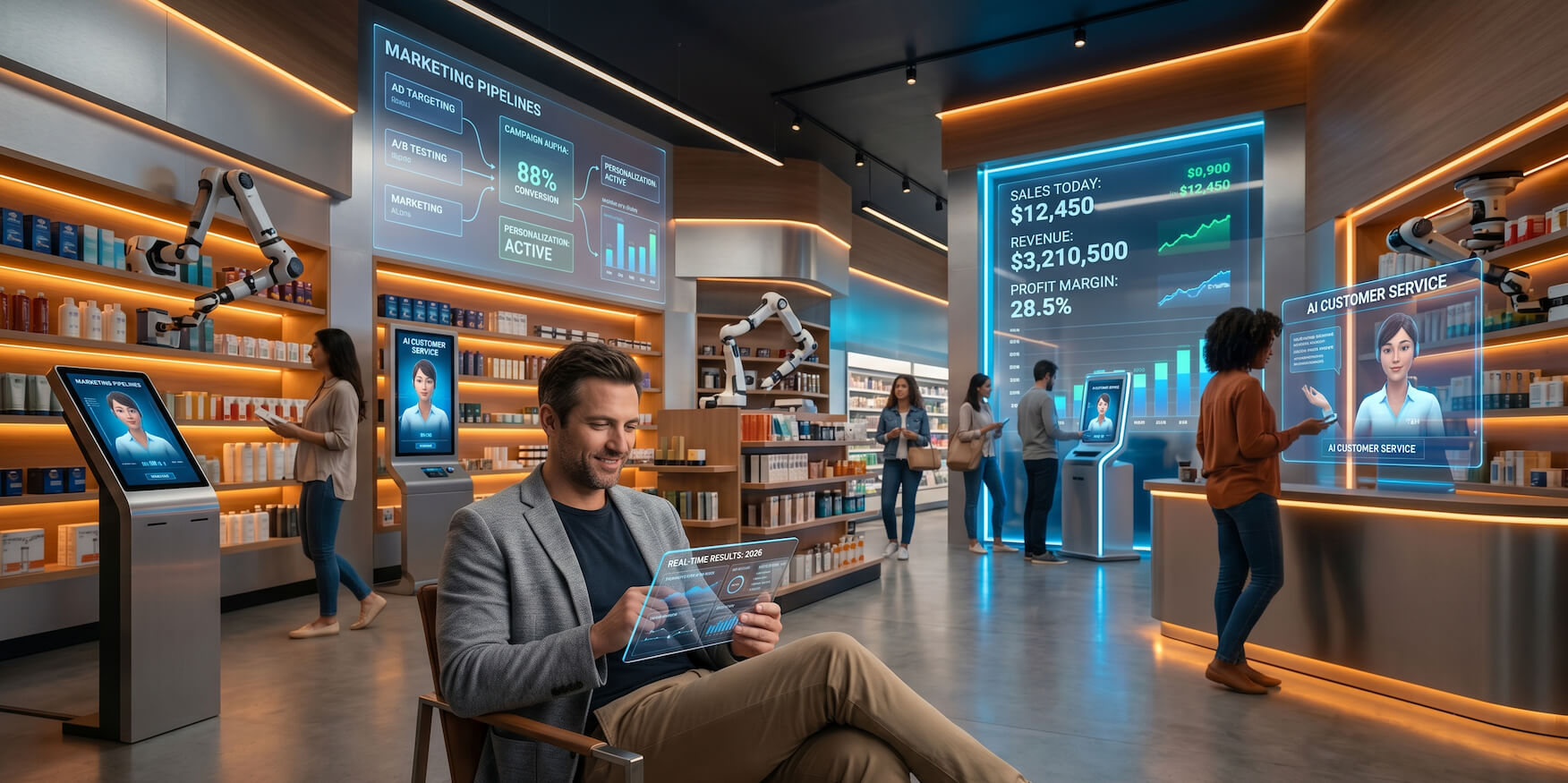 A retail store owner benefiting from comprehensive AI automation across inventory, marketing and operations in 2026