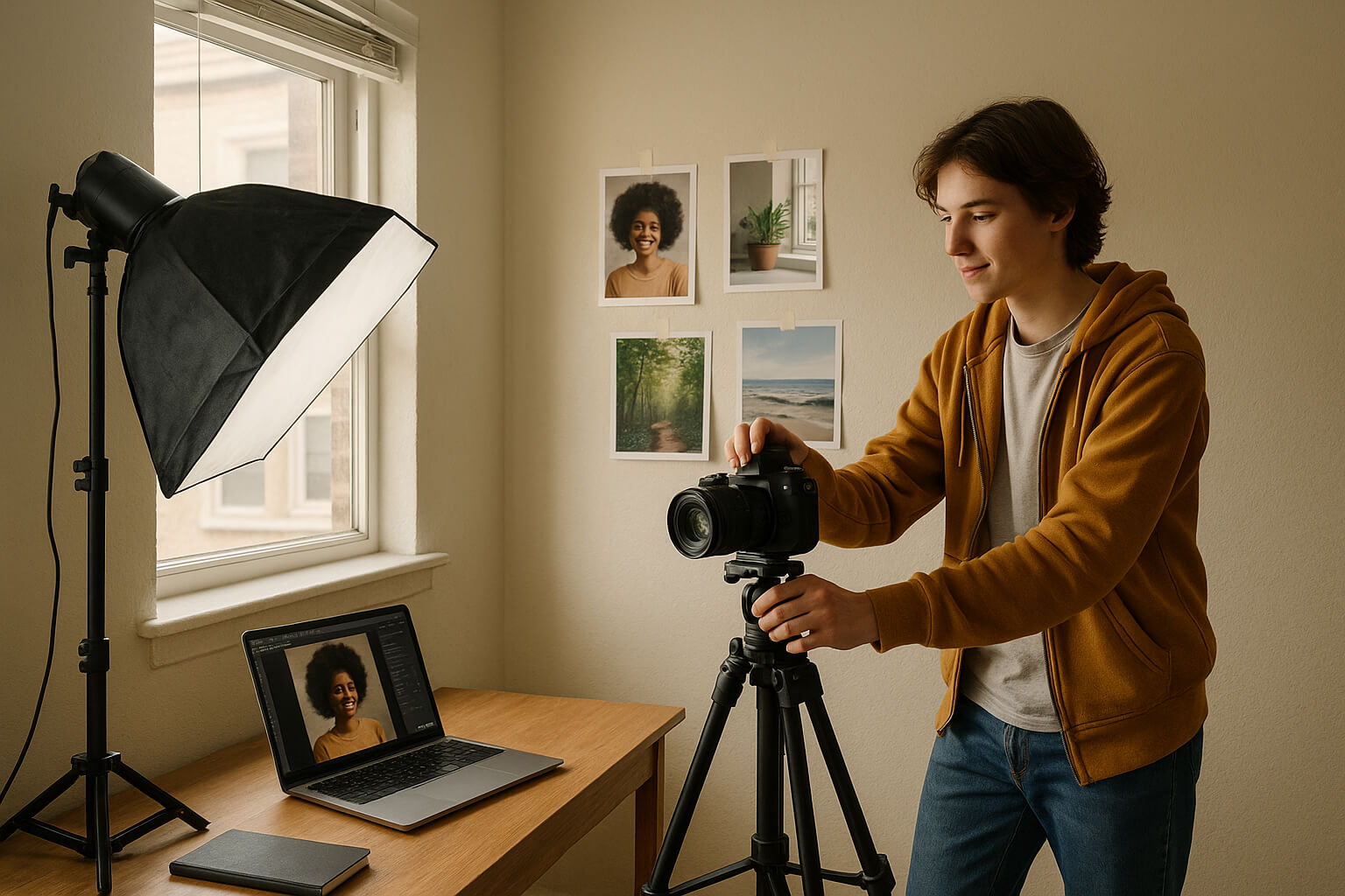 Beginner photographer setting up a small home studio with basic camera gear, laptop, and photo samples
