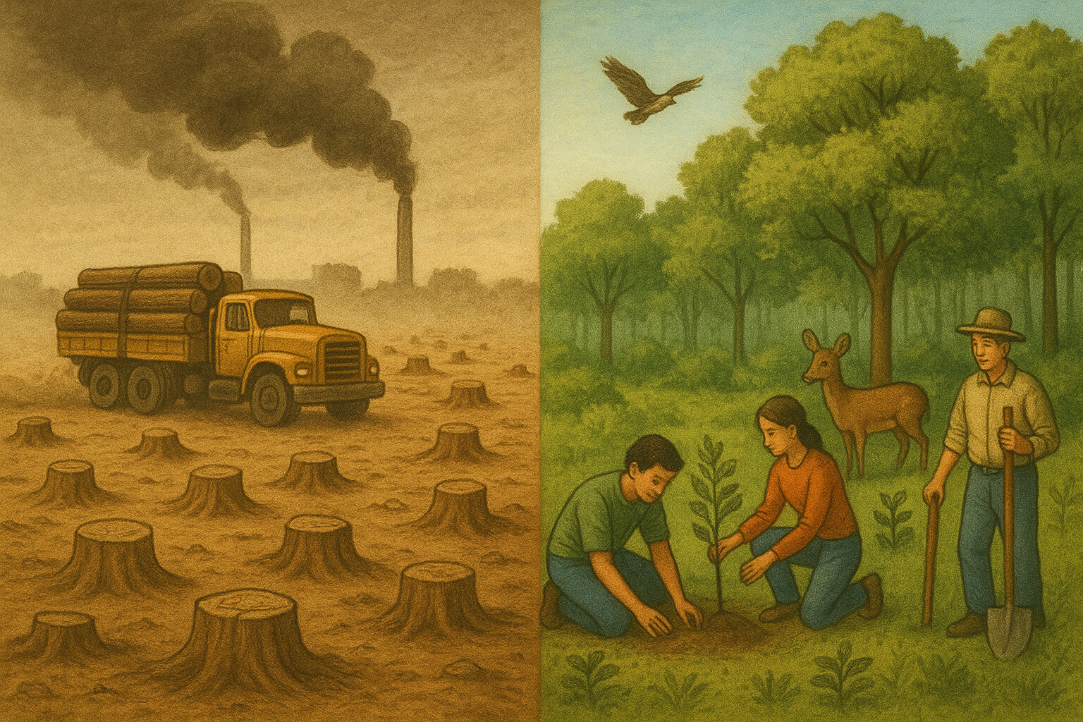 A dense forest landscape with visible deforestation on one side and healthy regrowth on the other, symbolizing threats and solutions.