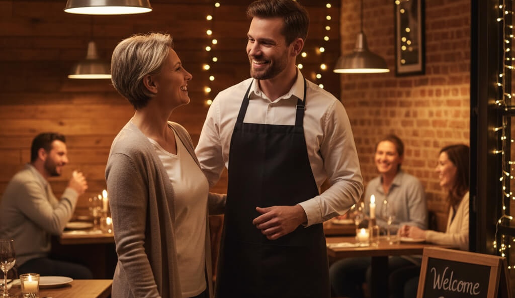 A happy server greeting loyal restaurant customers in a cozy dining setting, symbolizing emotional connection and customer retention.