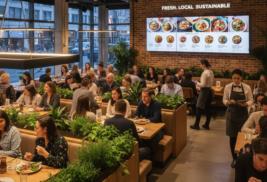 Modern restaurant with diners, digital ordering tablets, QR code menus, and staff using technology, representing key dining trends in 2025.