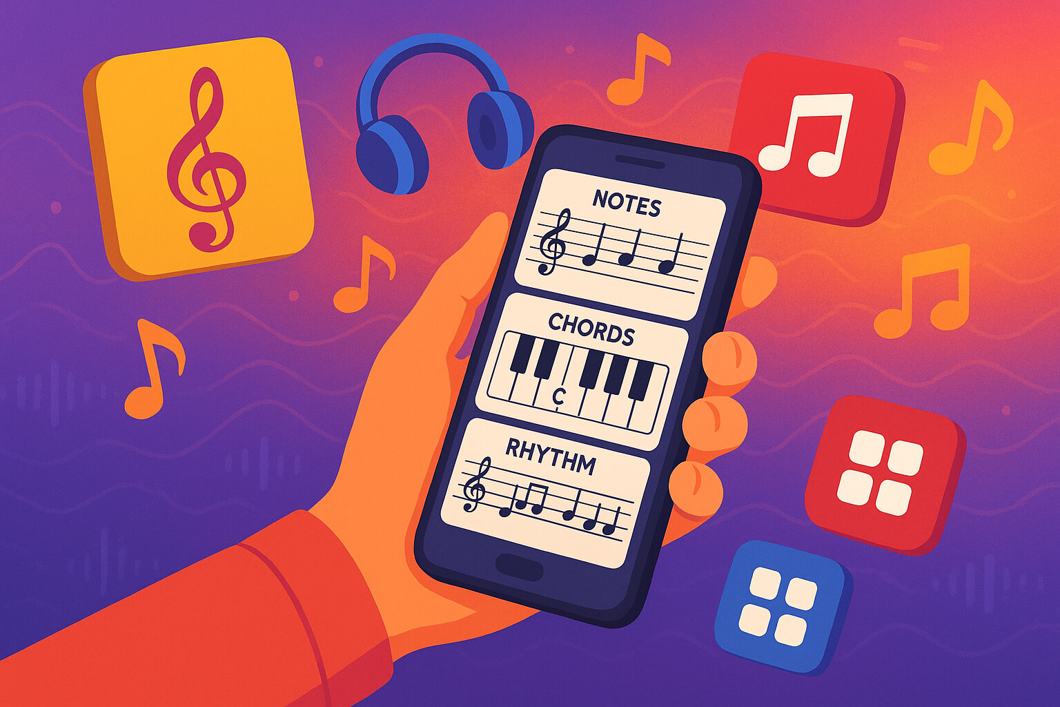 Person using smartphone music theory apps with floating musical notes, rhythm symbols, and digital sound waves representing mobile music learning on the go.