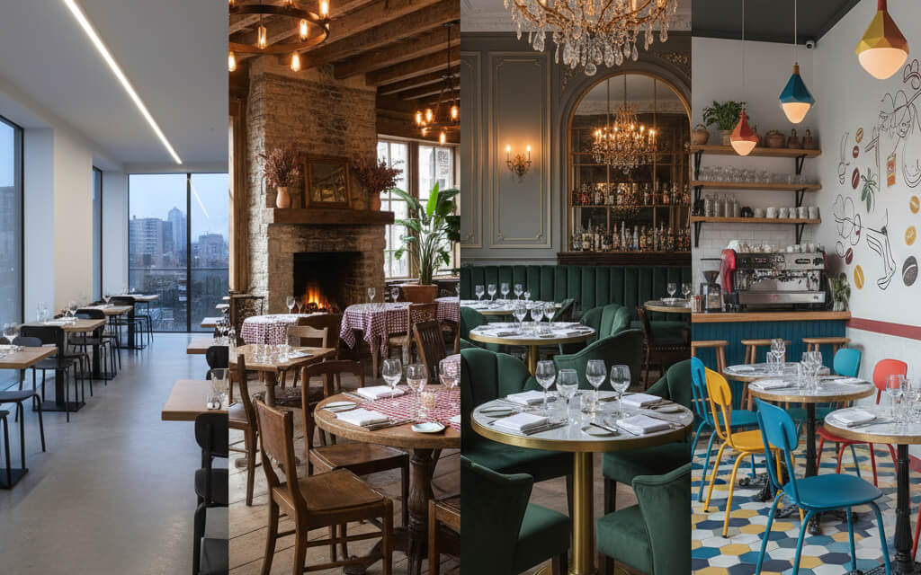 A collage of modern, rustic, and luxury restaurant interiors showcasing inspiring design ideas and creative layouts.
